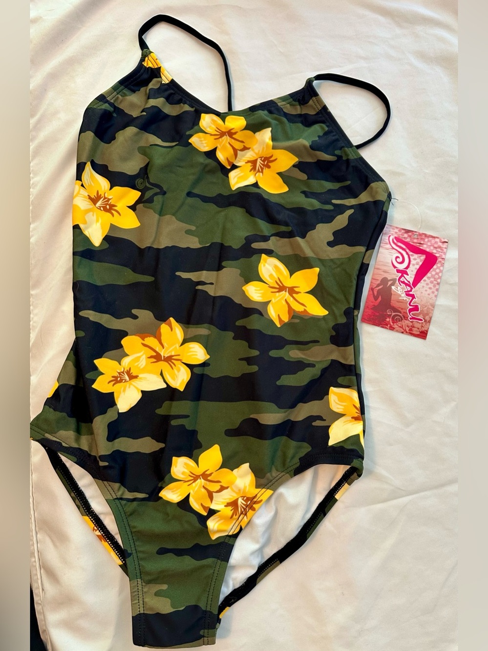 Kanu Surf girls One-Piece Swimsuit - Green army Camo with Yellow Flowers